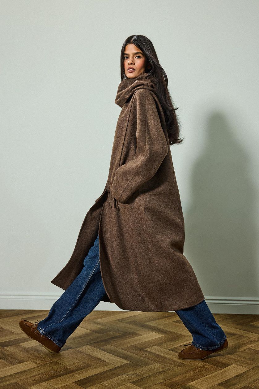 Woman Brown Wool Blend Relax Fit Long Detachable Scarf Long Cachet Coat