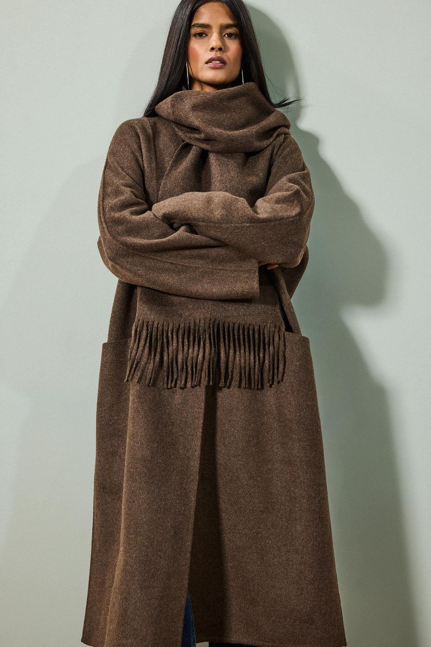 Woman Brown Wool Blend Relax Fit Long Detachable Scarf Long Cachet Coat