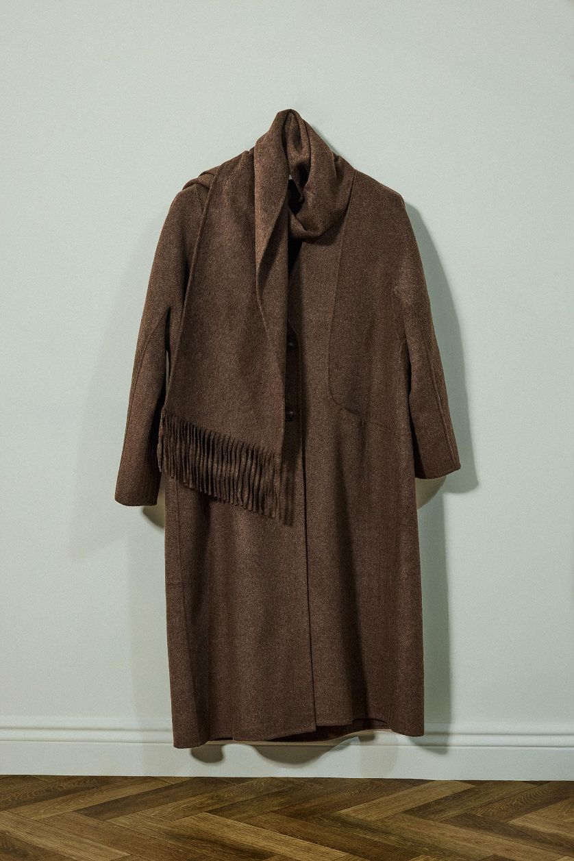 Woman Brown Wool Blend Relax Fit Long Detachable Scarf Long Cachet Coat