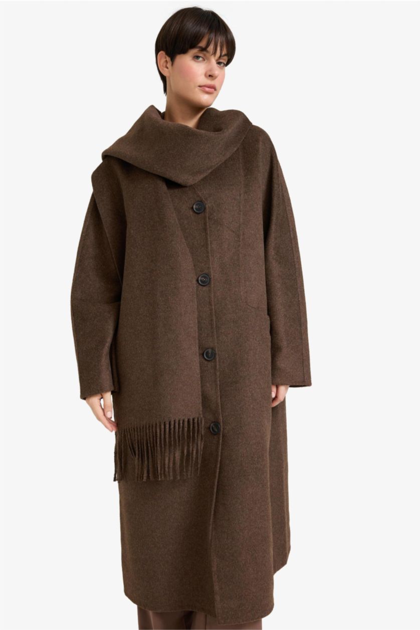 Woman Brown Wool Blend Relax Fit Long Detachable Scarf Long Cachet Coat