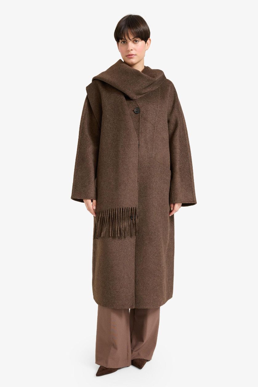 Woman Brown Wool Blend Relax Fit Long Detachable Scarf Long Cachet Coat