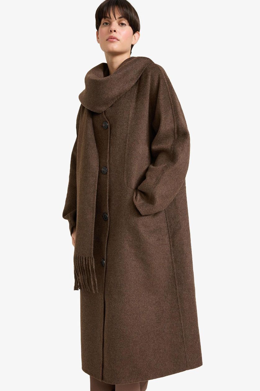 Woman Brown Wool Blend Relax Fit Long Detachable Scarf Long Cachet Coat