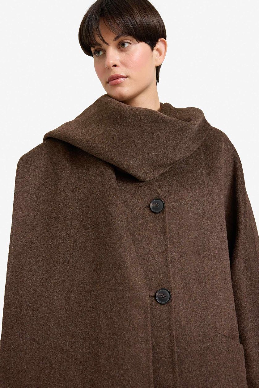 Woman Brown Wool Blend Relax Fit Long Detachable Scarf Long Cachet Coat