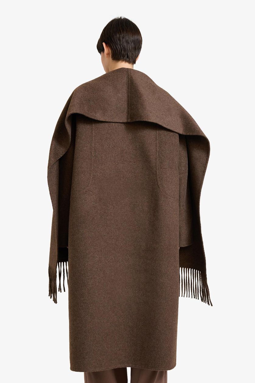 Woman Brown Wool Blend Relax Fit Long Detachable Scarf Long Cachet Coat