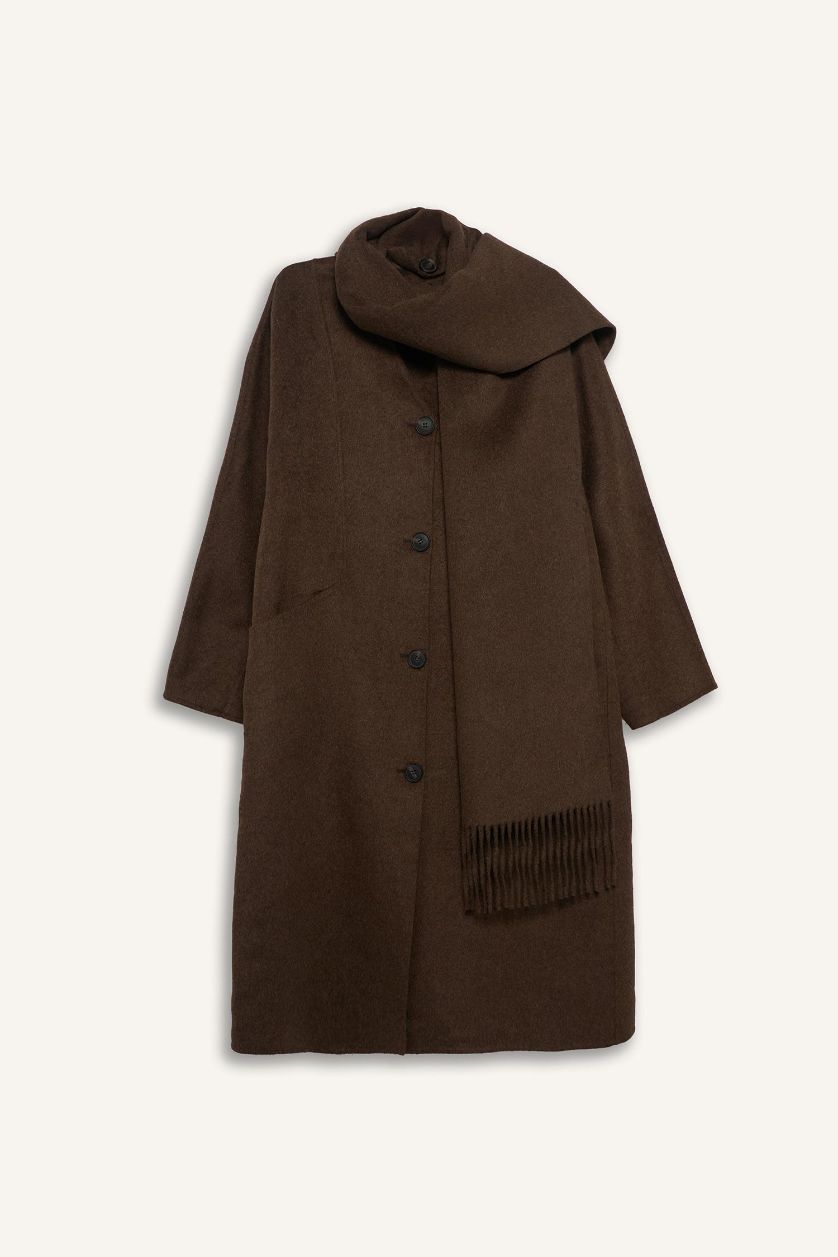 Woman Brown Wool Blend Relax Fit Long Detachable Scarf Long Cachet Coat