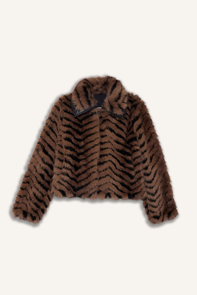 Kadın Kahve Regular Fit Fermuarlı Kısa Suni Kürk