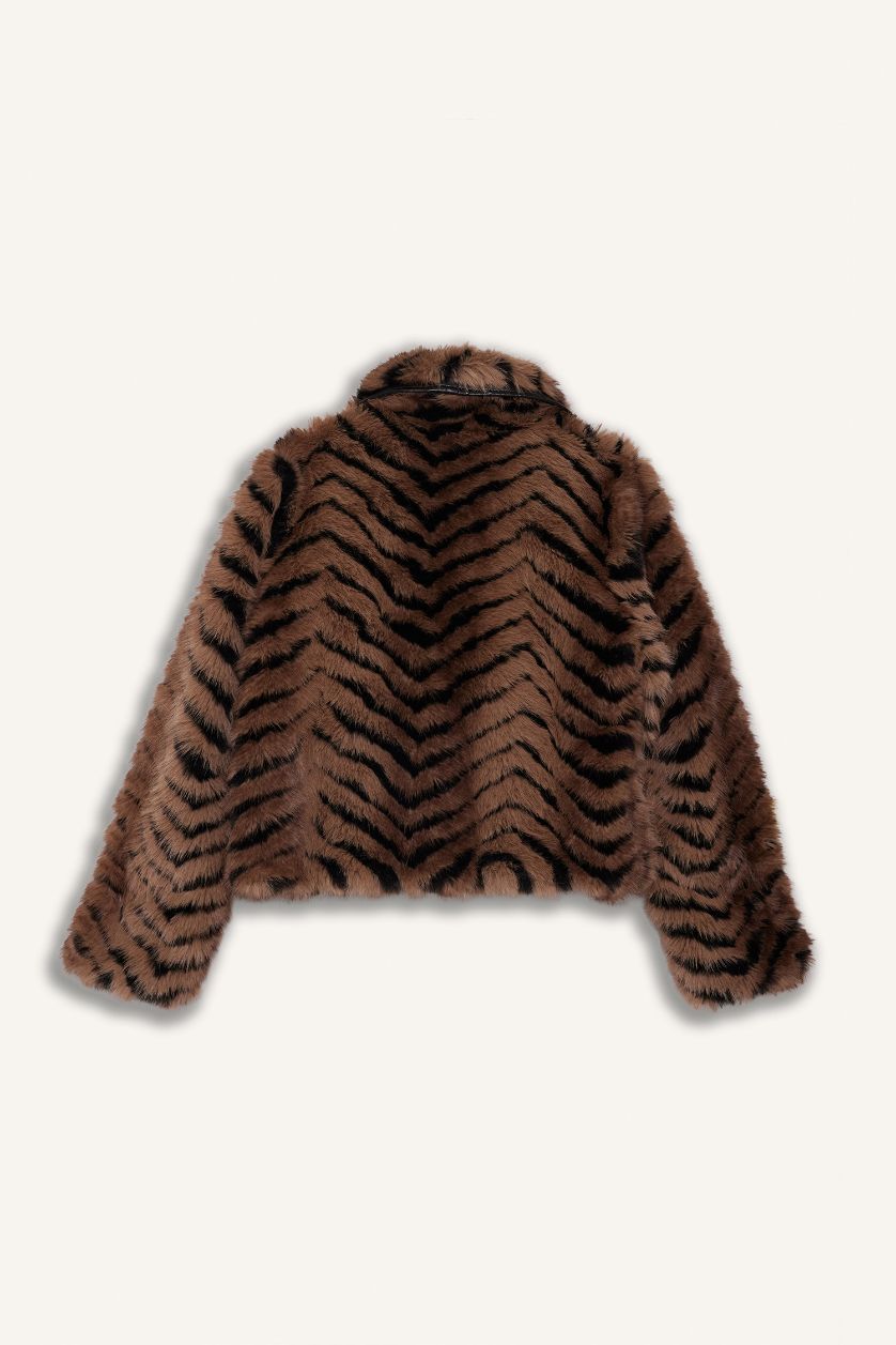 Kadın Kahve Regular Fit Fermuarlı Kısa Suni Kürk