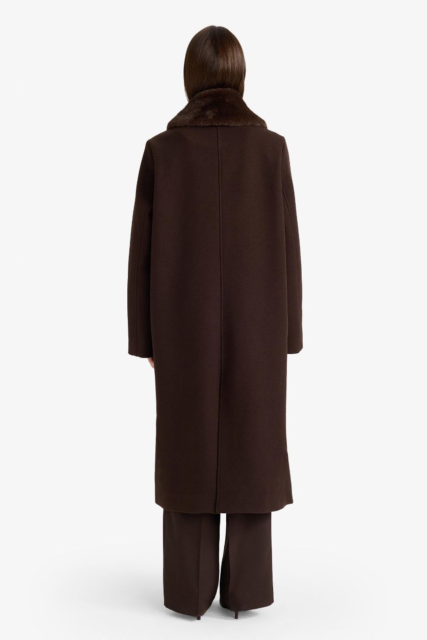 Kadın Kahve Afra x DeFacto Çıkarılabilir Suni Kürk Yaka Regular Fit Düğmeli Cepli Uzun Kaşe Kaban