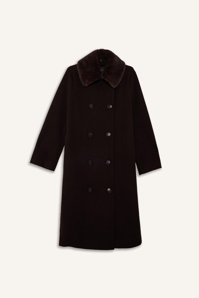 Kadın Kahve Afra x DeFacto Çıkarılabilir Suni Kürk Yaka Regular Fit Düğmeli Cepli Uzun Kaşe Kaban