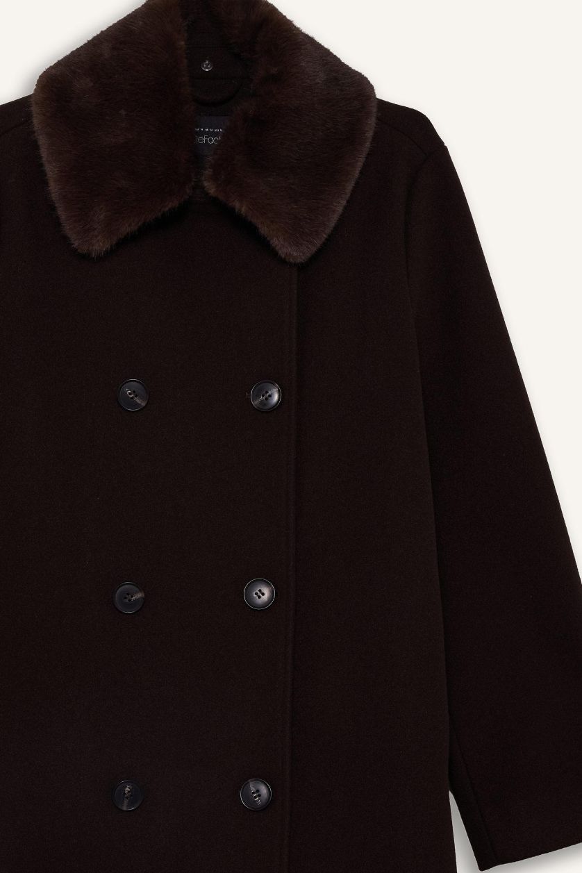 Kadın Kahve Afra x DeFacto Çıkarılabilir Suni Kürk Yaka Regular Fit Düğmeli Cepli Uzun Kaşe Kaban