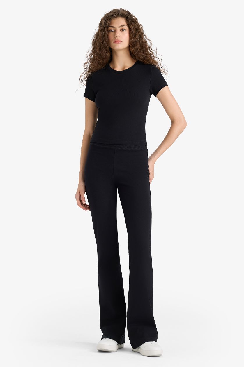 Kadın Siyah Fitted 2'li Ribana Takım Kısa Kollu Tişört İspanyol Paça Tayt