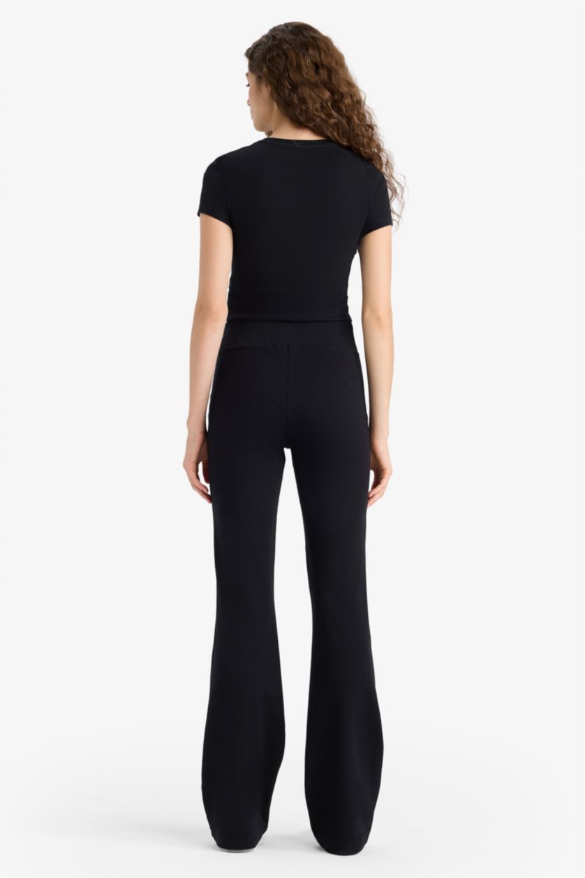 Kadın Siyah Fitted 2'li Ribana Takım Kısa Kollu Tişört İspanyol Paça Tayt