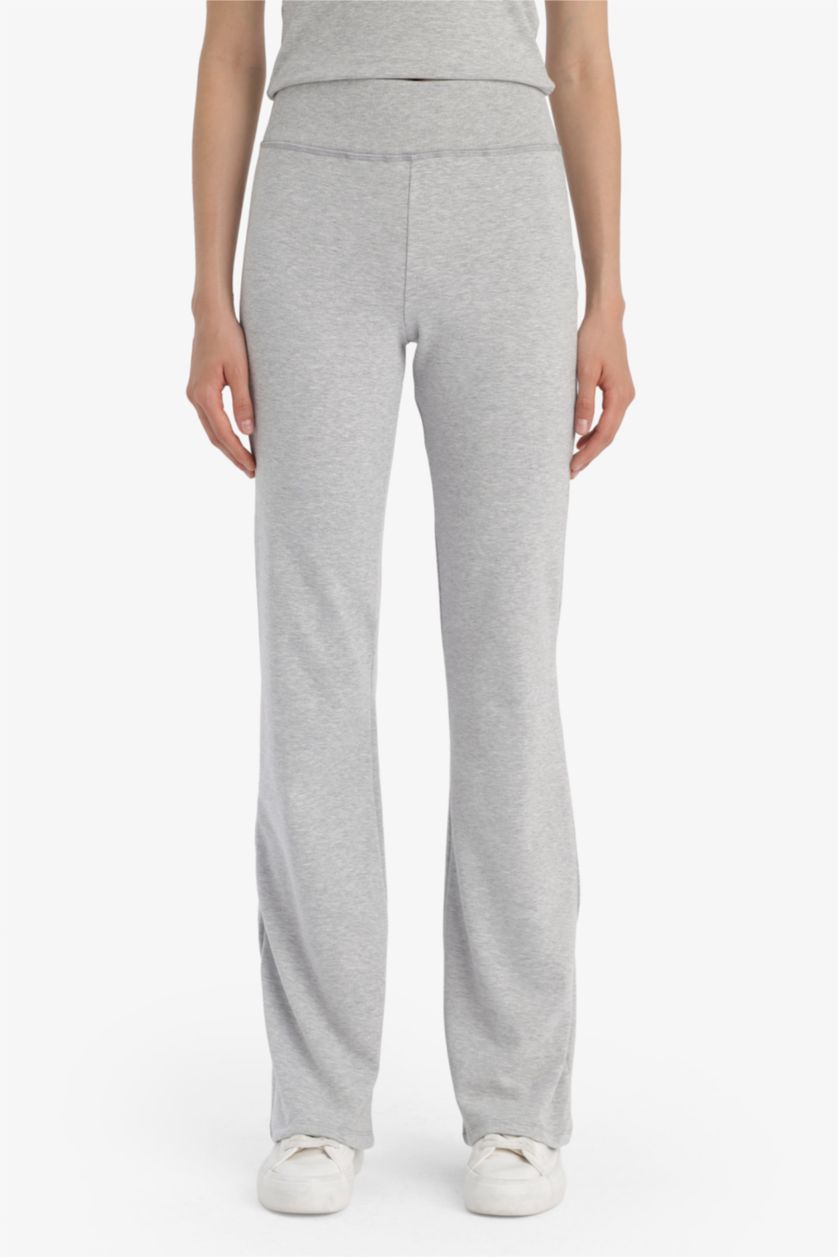 Kadın Gri Melanj Fitted 2'li Ribana Takım Kısa Kollu Tişört İspanyol Paça Tayt