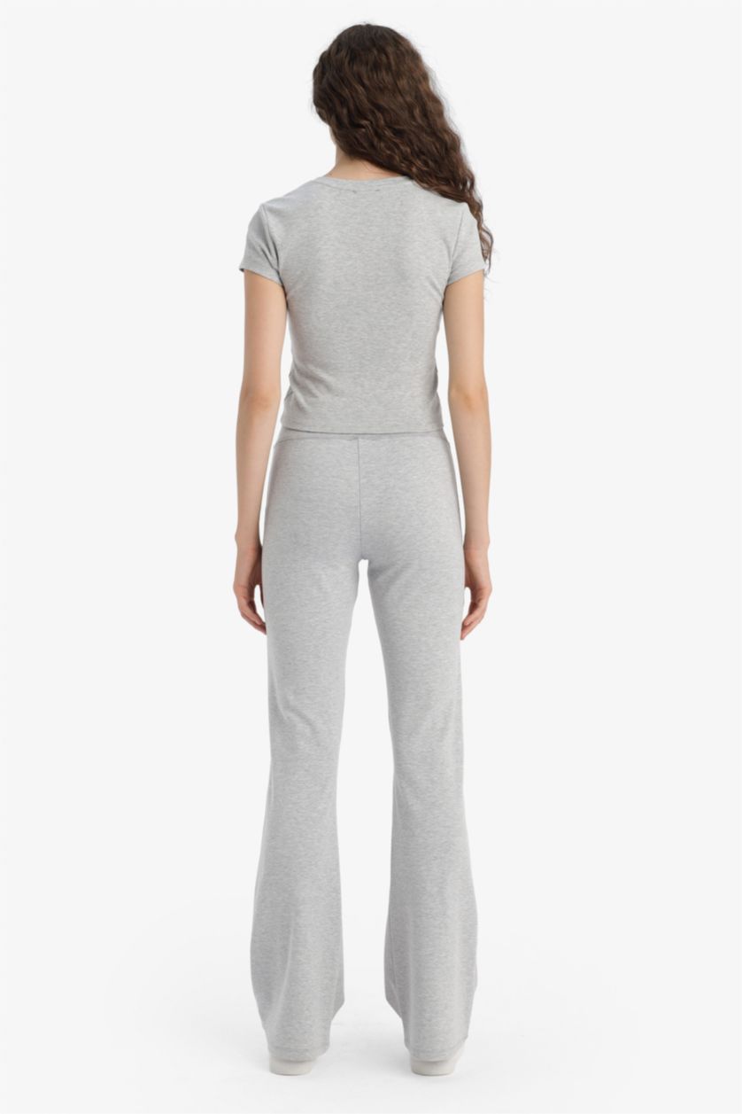 Kadın Gri Melanj Fitted 2'li Ribana Takım Kısa Kollu Tişört İspanyol Paça Tayt