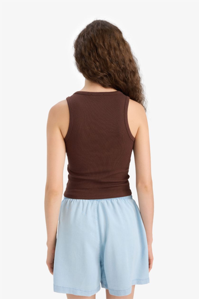 نساء بني فانيلة مضلع قصة عادية بياقة مربعة من قطعتين