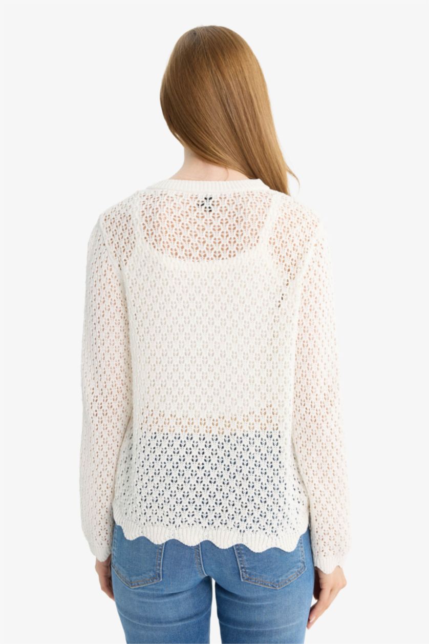 Woman Ecru Regular Fit Crew Neck Knitwear Cardigan