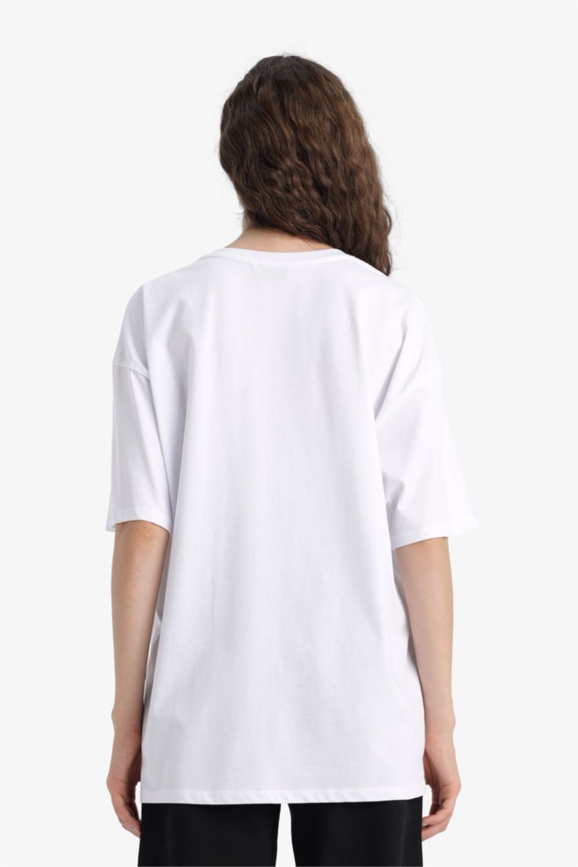 حريمي اوف وايت تيشيرت نص كم قصة عادية أبيض و أسود برقبة مستديرة - قطعتين