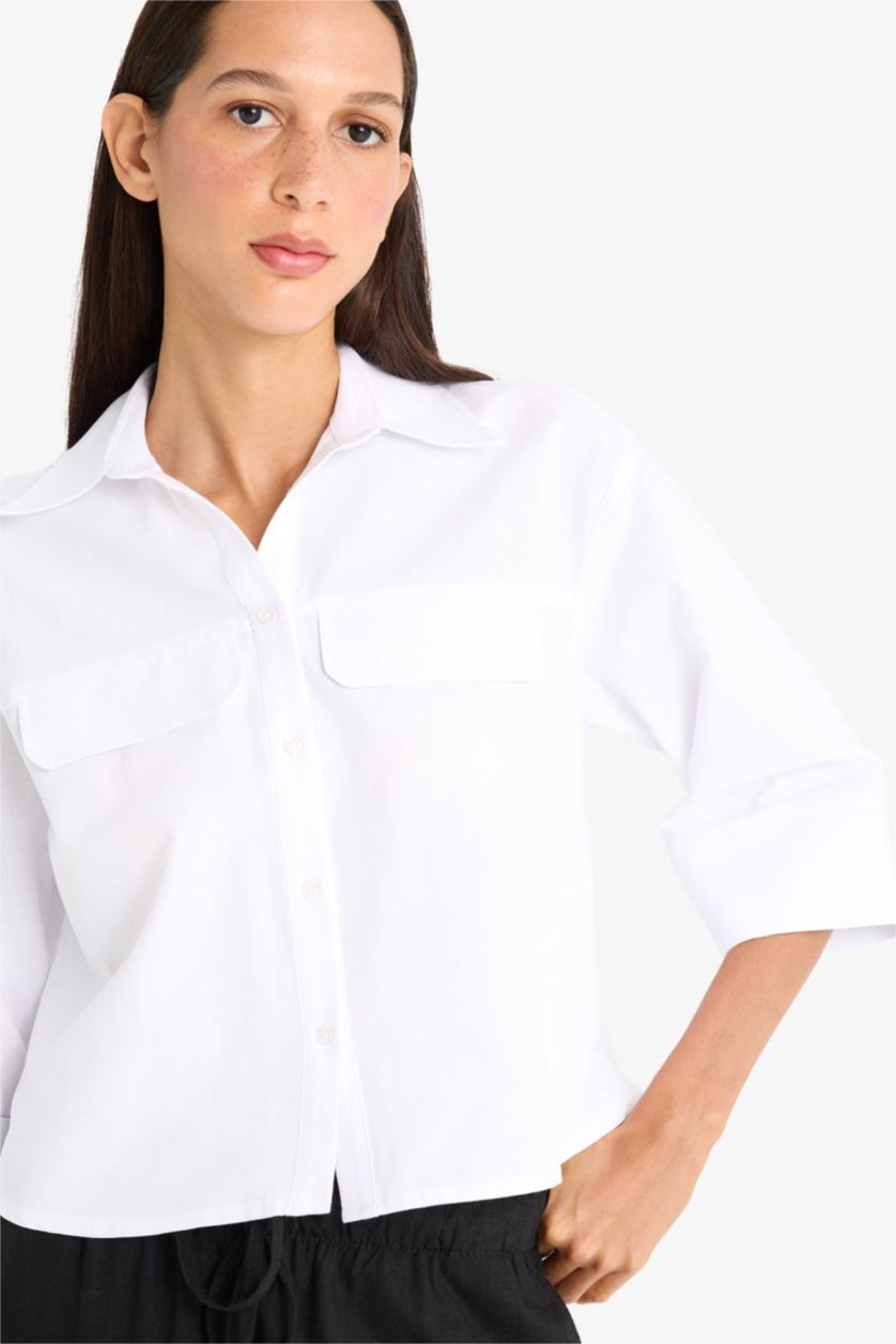 Kadın Kırık Beyaz Oversize Geniş Kalıp Cepli Oxford Kısa Kollu Gömlek