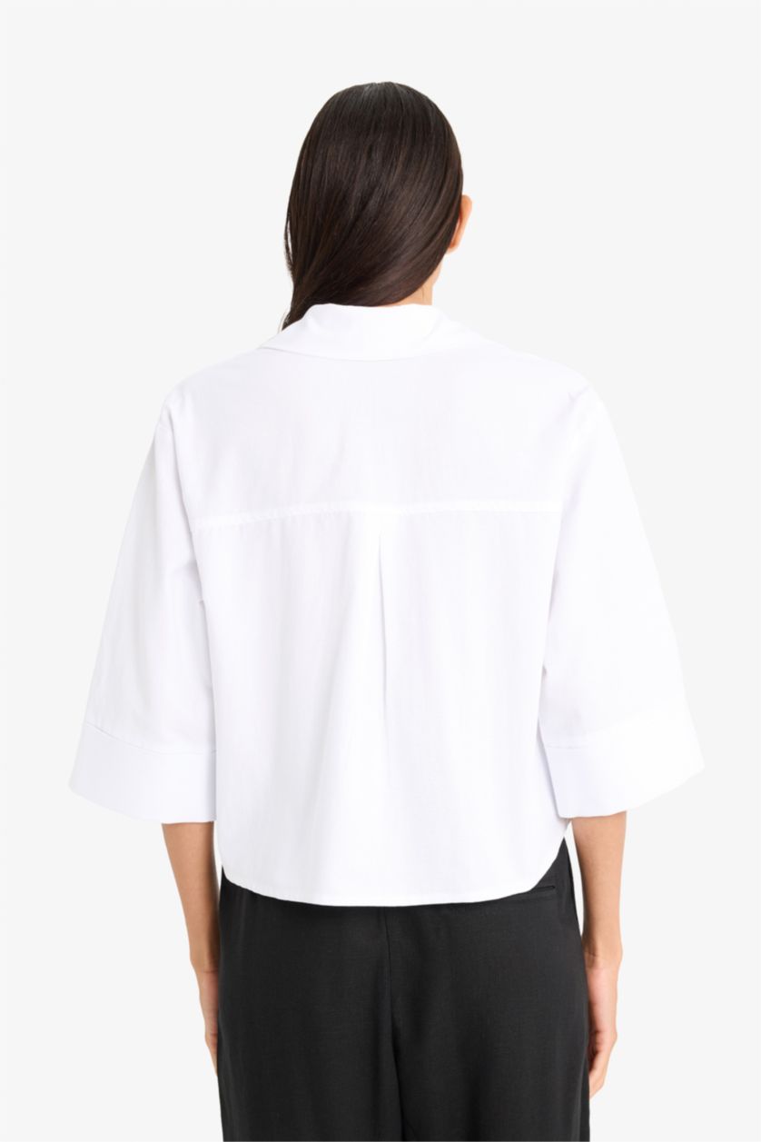 Kadın Kırık Beyaz Oversize Geniş Kalıp Cepli Oxford Kısa Kollu Gömlek