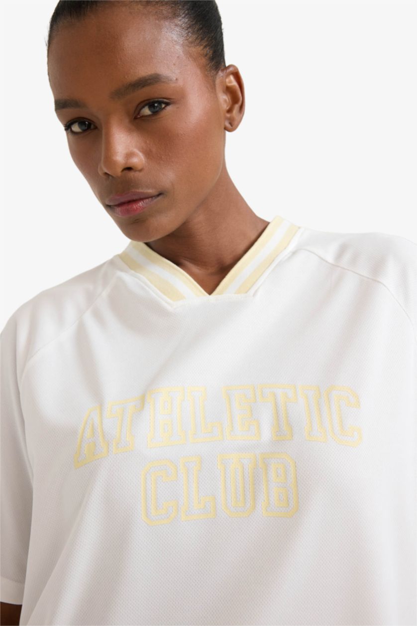 Kadın Ekru Oversize Geniş Kalıp Bisiklet Yaka Baskılı Sporcu Kısa Kollu Tişört