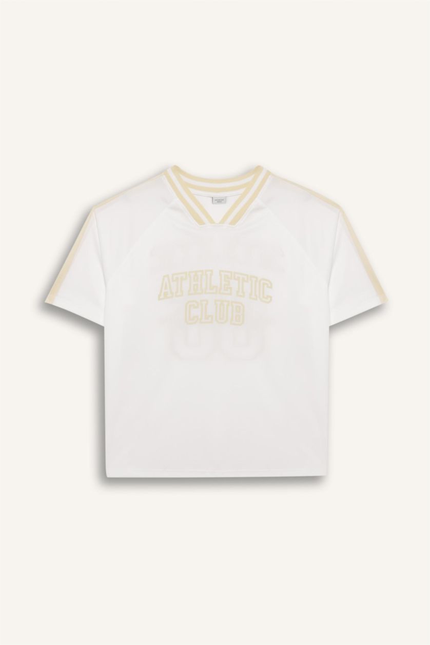 Kadın Ekru Oversize Geniş Kalıp Bisiklet Yaka Baskılı Sporcu Kısa Kollu Tişört