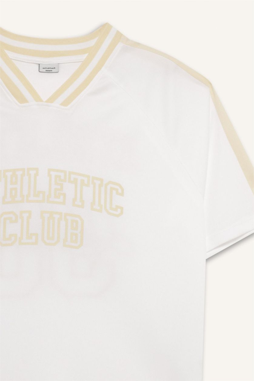 Kadın Ekru Oversize Geniş Kalıp Bisiklet Yaka Baskılı Sporcu Kısa Kollu Tişört