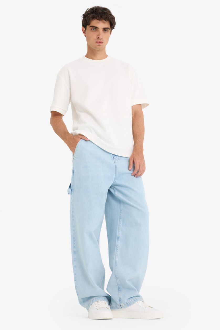 Erkek Açık Mavi %100 Pamuk Skater Fit Geniş Paça Jean Yıkamalı Pantolon