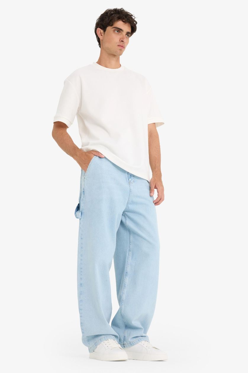 Erkek Açık Mavi %100 Pamuk Skater Fit Geniş Paça Jean Yıkamalı Pantolon