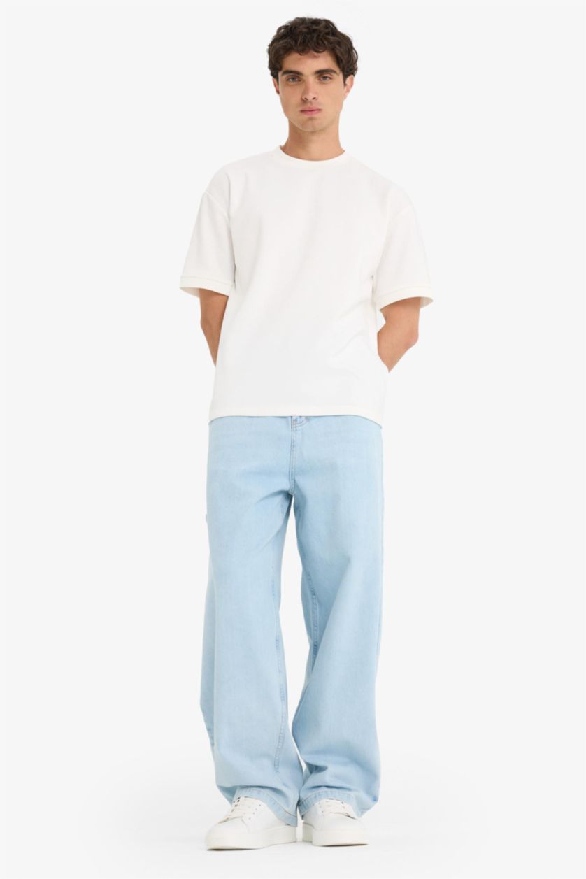 Erkek Açık Mavi %100 Pamuk Skater Fit Geniş Paça Jean Yıkamalı Pantolon
