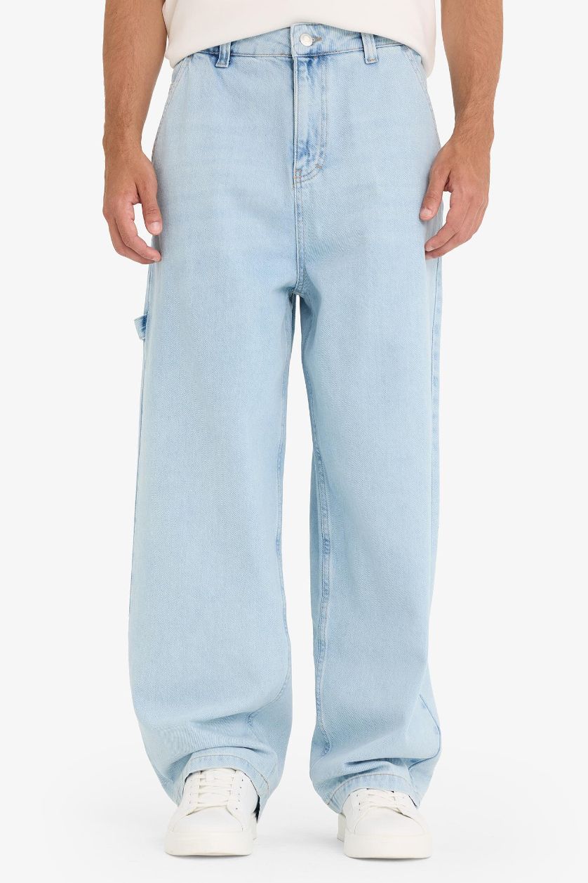 Erkek Açık Mavi %100 Pamuk Skater Fit Geniş Paça Jean Yıkamalı Pantolon