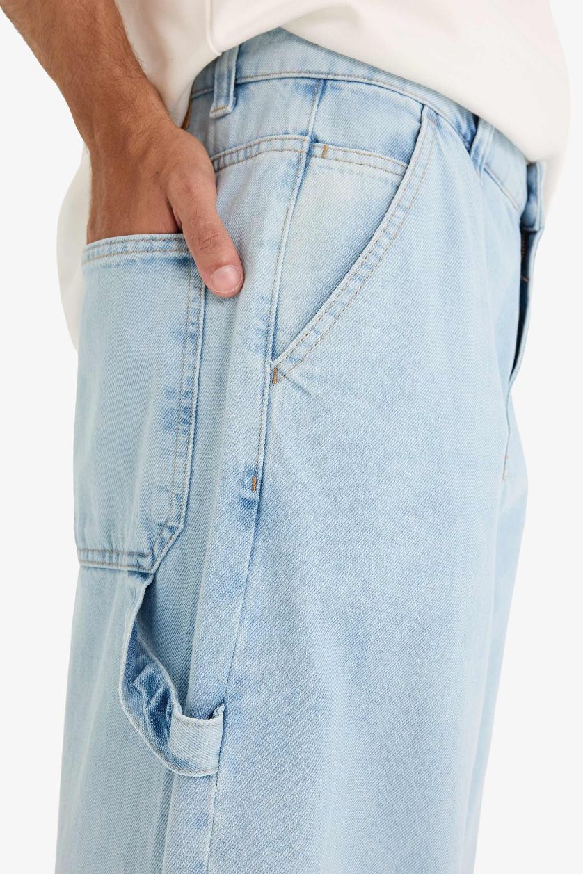 Erkek Açık Mavi %100 Pamuk Skater Fit Geniş Paça Jean Yıkamalı Pantolon