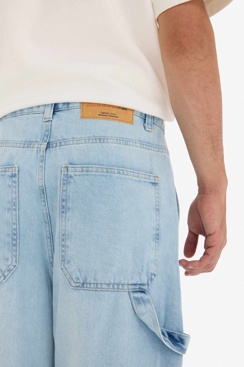 Erkek Açık Mavi %100 Pamuk Skater Fit Geniş Paça Jean Yıkamalı Pantolon