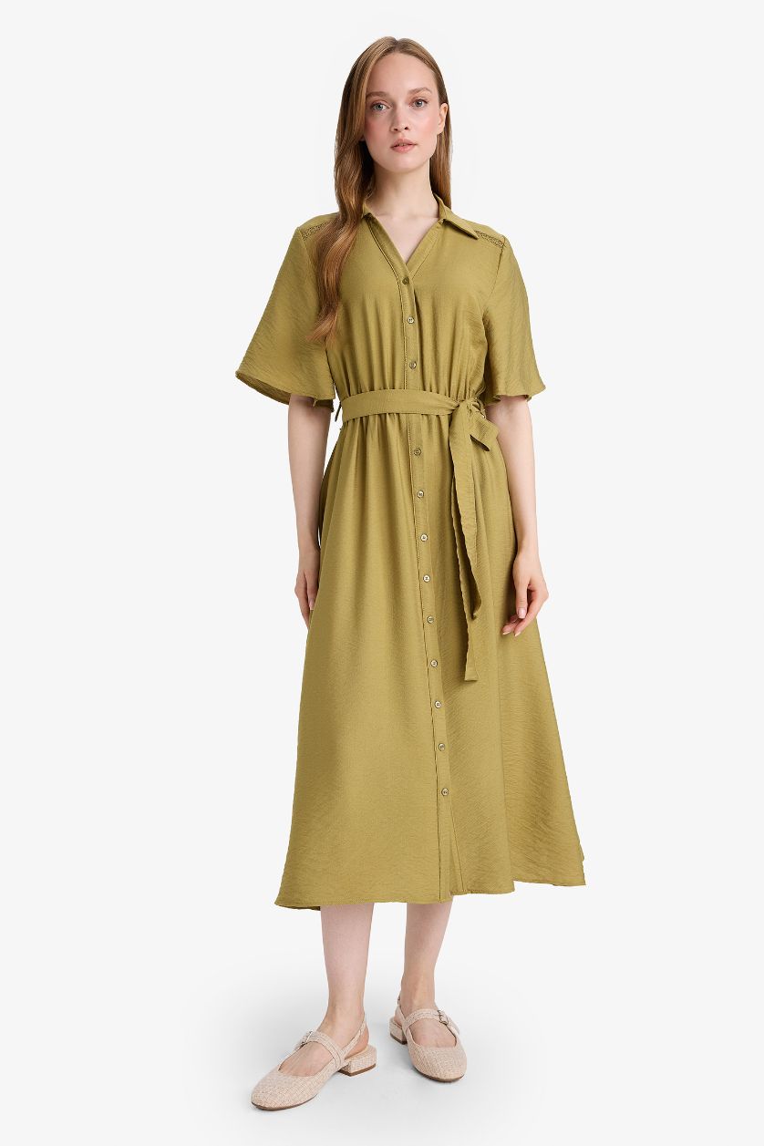Woman Khaki A-Line Shirt Collar Short Sleeve Midi Dress