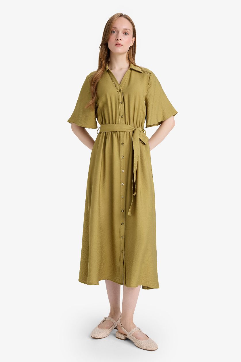 Woman Khaki A-Line Shirt Collar Short Sleeve Midi Dress