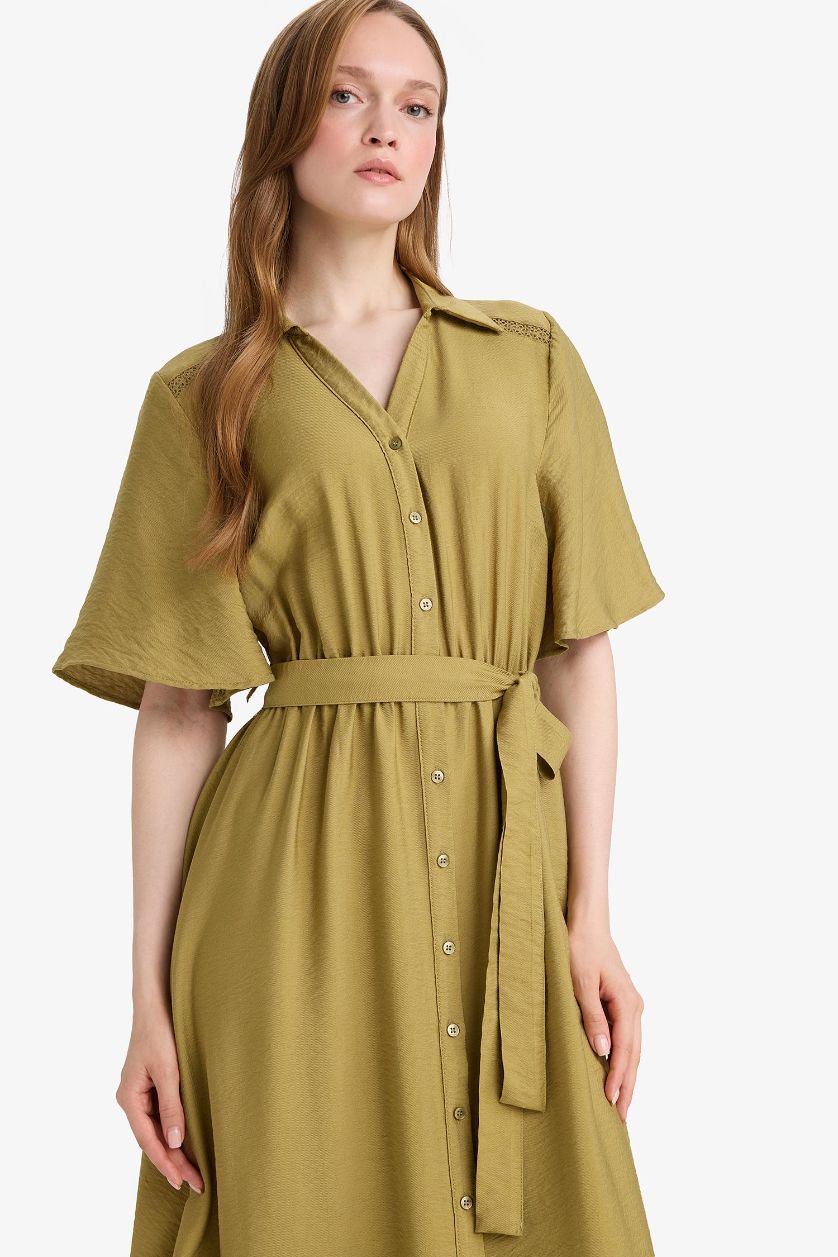 Woman Khaki A-Line Shirt Collar Short Sleeve Midi Dress