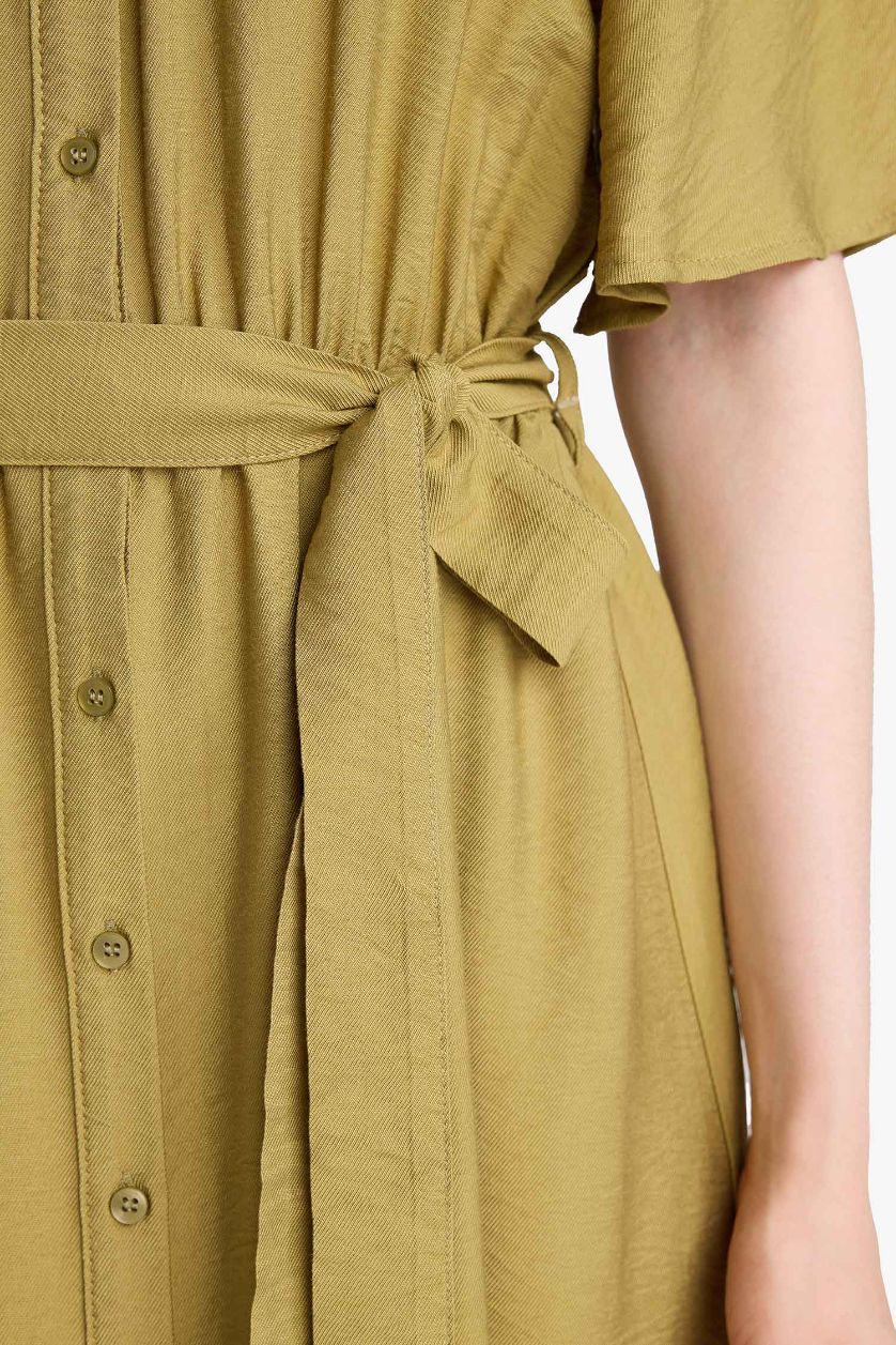 Woman Khaki A-Line Shirt Collar Short Sleeve Midi Dress