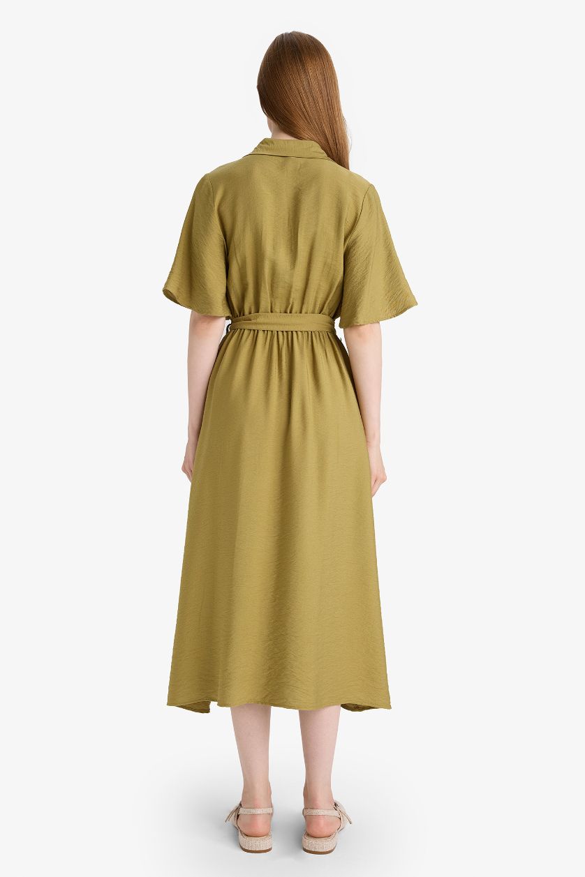Woman Khaki A-Line Shirt Collar Short Sleeve Midi Dress