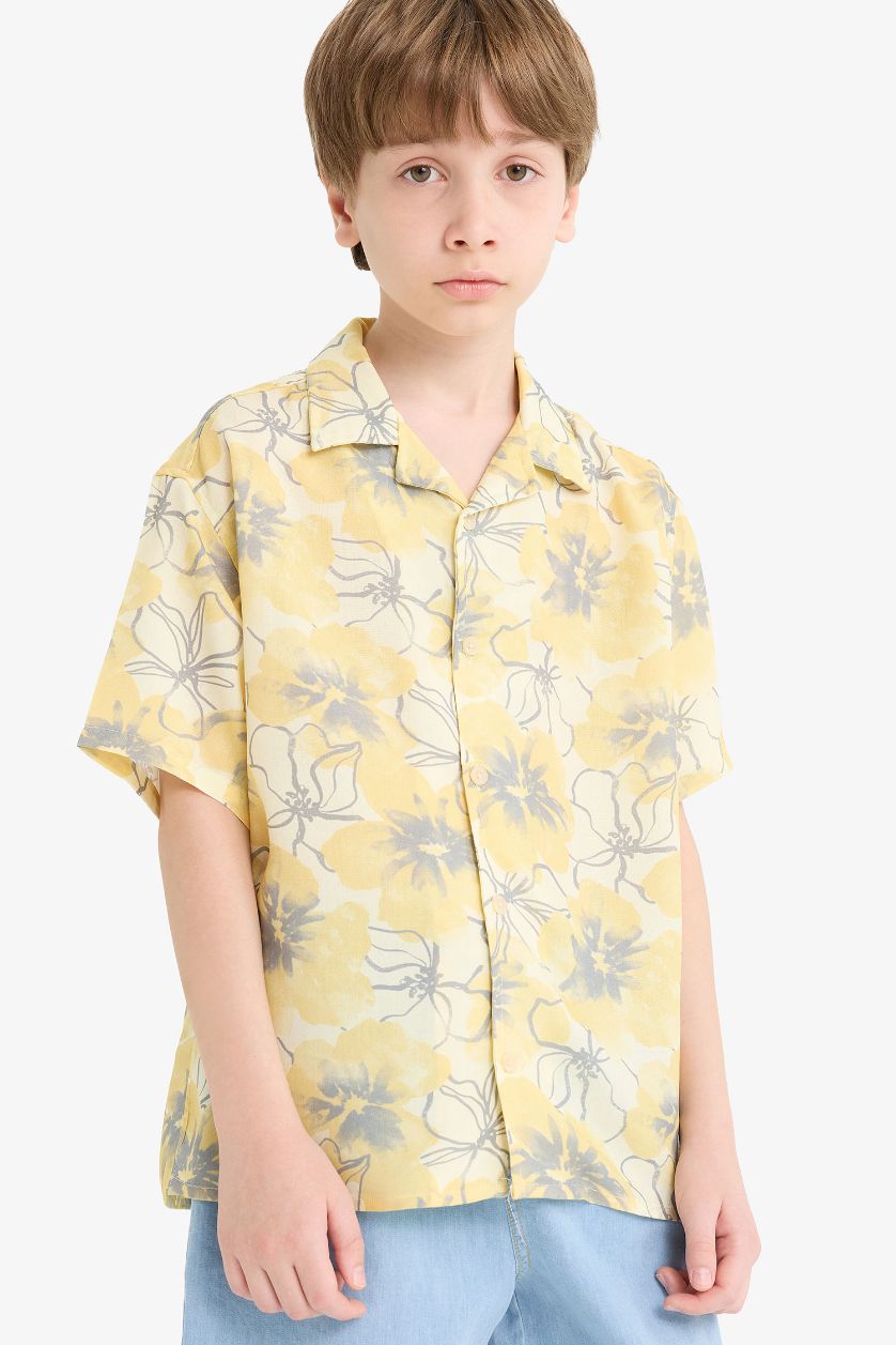 Erkek Çocuk - Genç Erkek Sarı Oversize Geniş Kalıp Polo Yaka Desenli Viskon Kısa Kollu Gömlek Erkek Çocuk