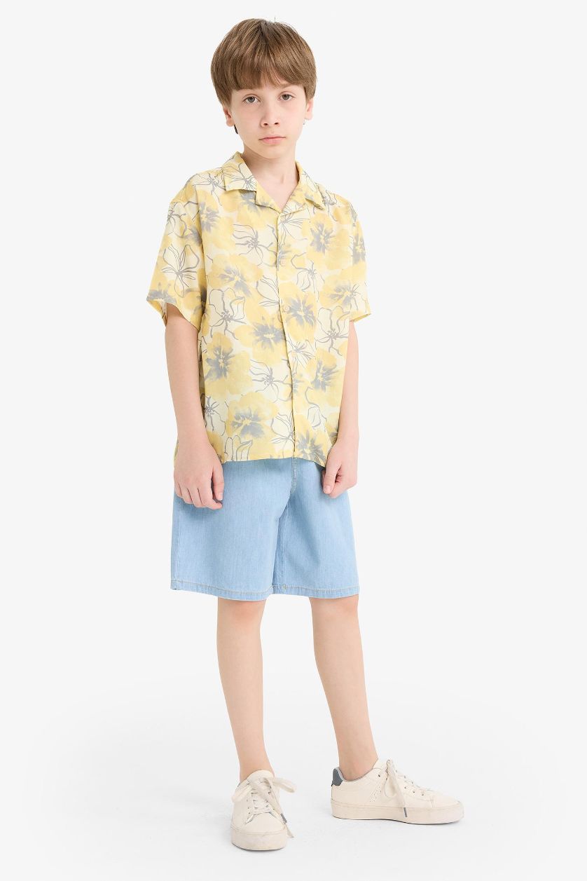 Erkek Çocuk - Genç Erkek Sarı Oversize Geniş Kalıp Polo Yaka Desenli Viskon Kısa Kollu Gömlek Erkek Çocuk