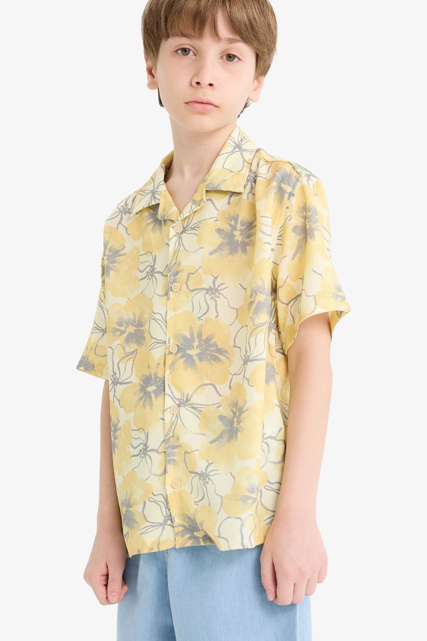 Erkek Çocuk - Genç Erkek Sarı Oversize Geniş Kalıp Polo Yaka Desenli Viskon Kısa Kollu Gömlek Erkek Çocuk