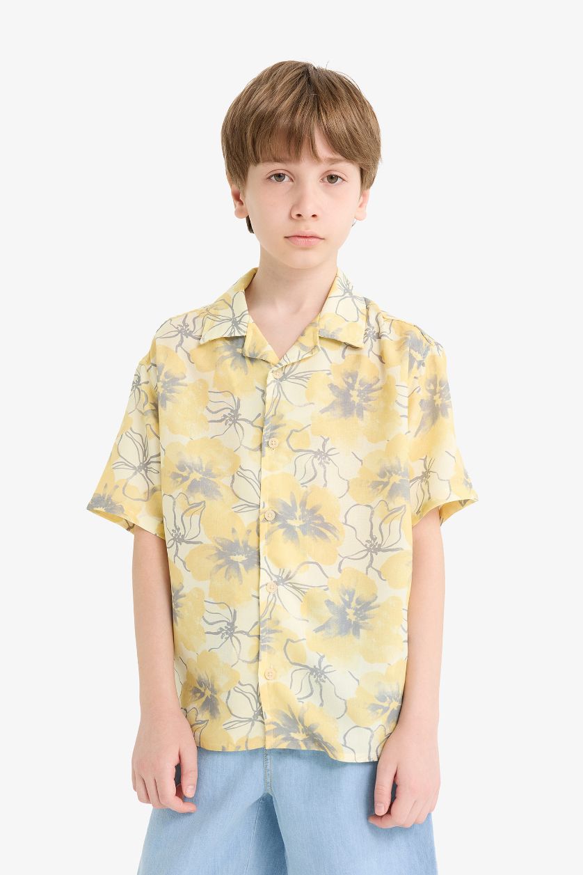 Erkek Çocuk - Genç Erkek Sarı Oversize Geniş Kalıp Polo Yaka Desenli Viskon Kısa Kollu Gömlek Erkek Çocuk