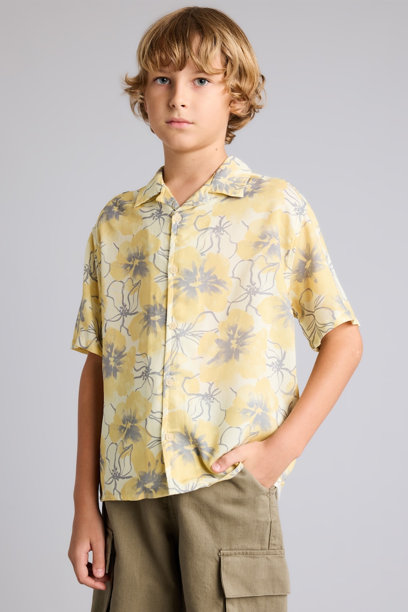 Boys & Teens Yellow Boy Oversize Polo Neck Floral Viscose Shirt