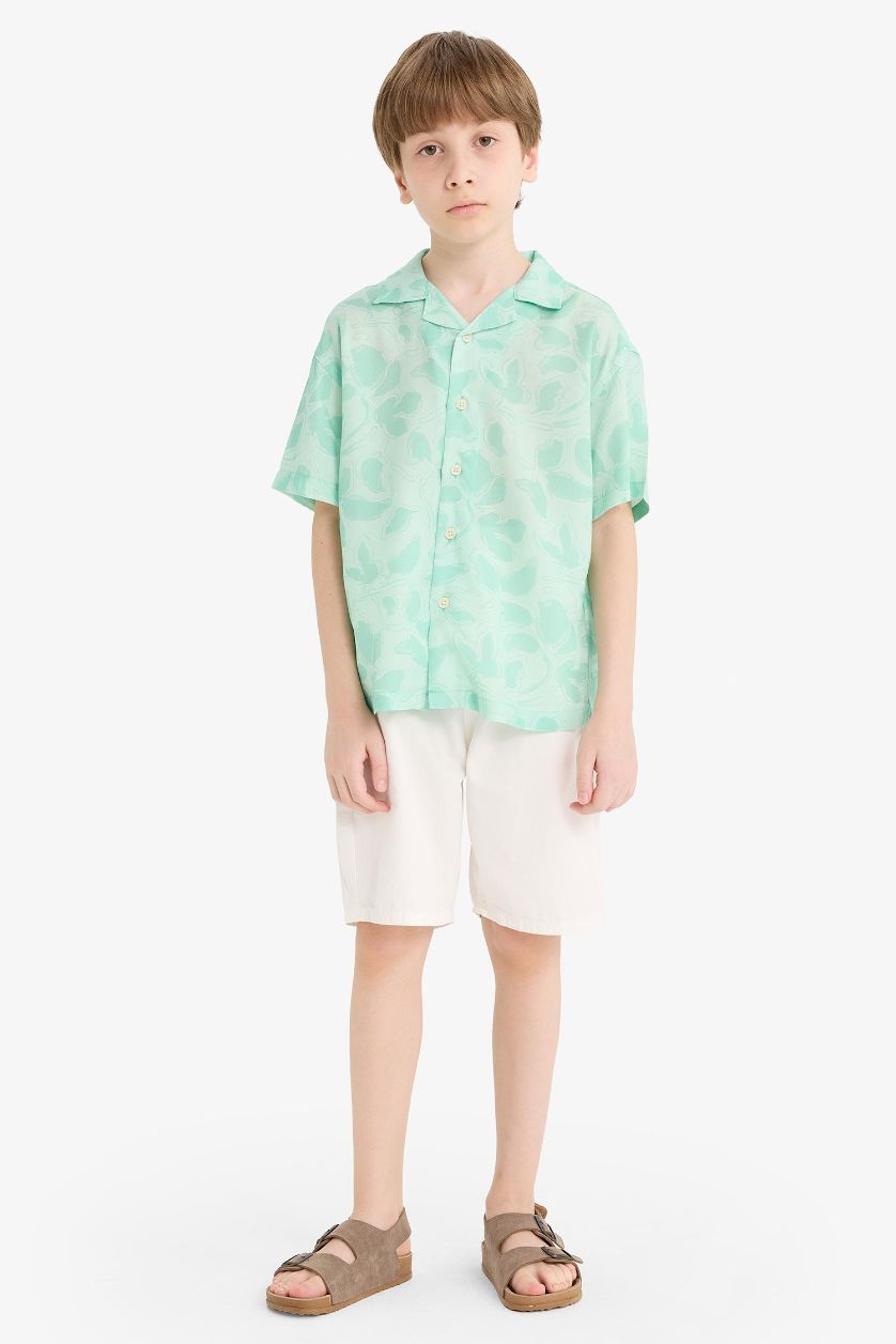 Erkek Çocuk - Genç Erkek Mint Oversize Geniş Kalıp Polo Yaka Desenli Viskon Kısa Kollu Gömlek Erkek Çocuk