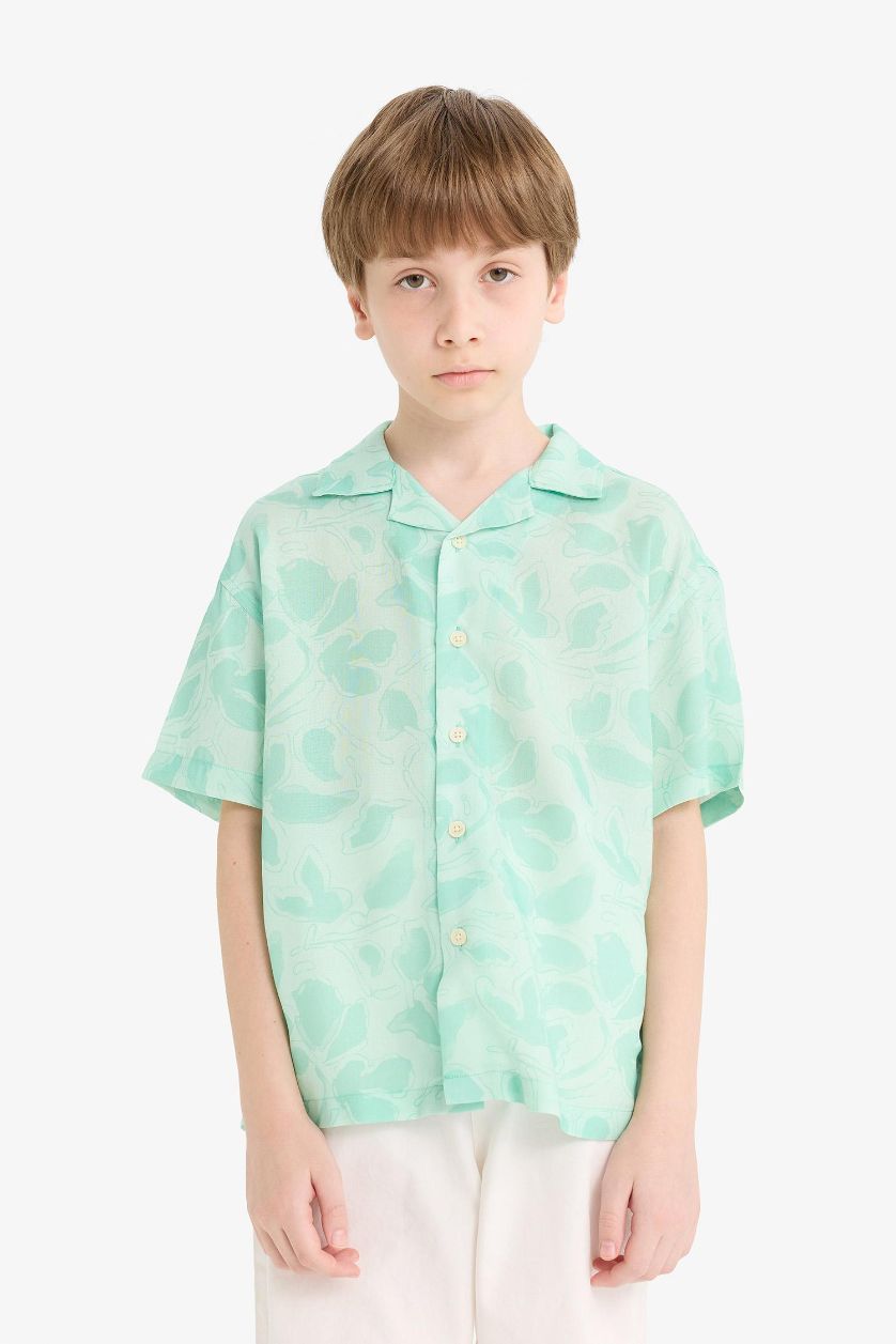 Erkek Çocuk - Genç Erkek Mint Oversize Geniş Kalıp Polo Yaka Desenli Viskon Kısa Kollu Gömlek Erkek Çocuk