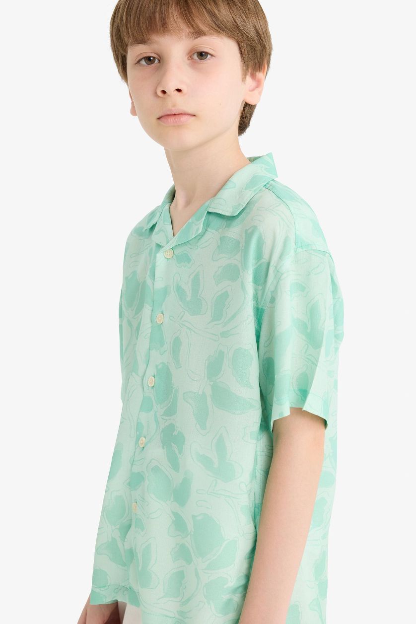 Erkek Çocuk - Genç Erkek Mint Oversize Geniş Kalıp Polo Yaka Desenli Viskon Kısa Kollu Gömlek Erkek Çocuk