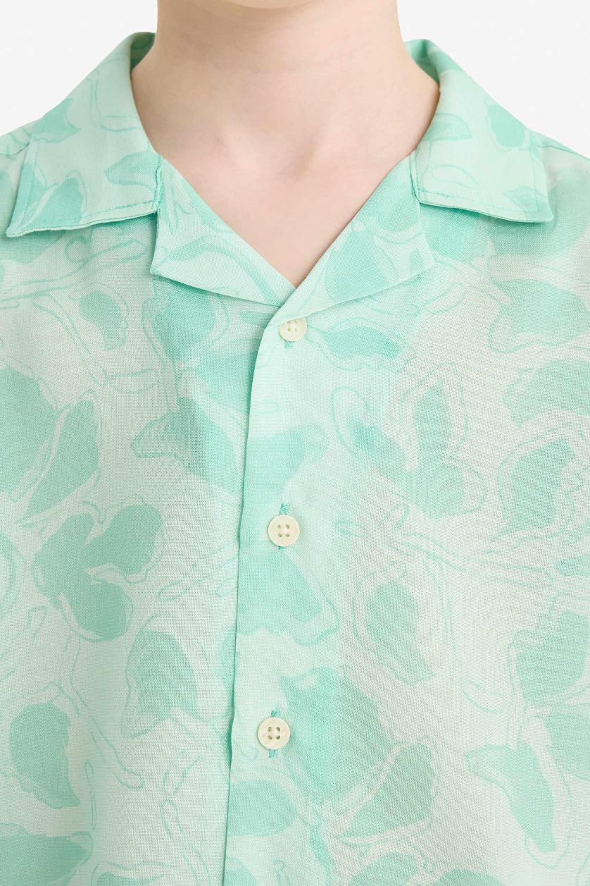 Erkek Çocuk - Genç Erkek Mint Oversize Geniş Kalıp Polo Yaka Desenli Viskon Kısa Kollu Gömlek Erkek Çocuk