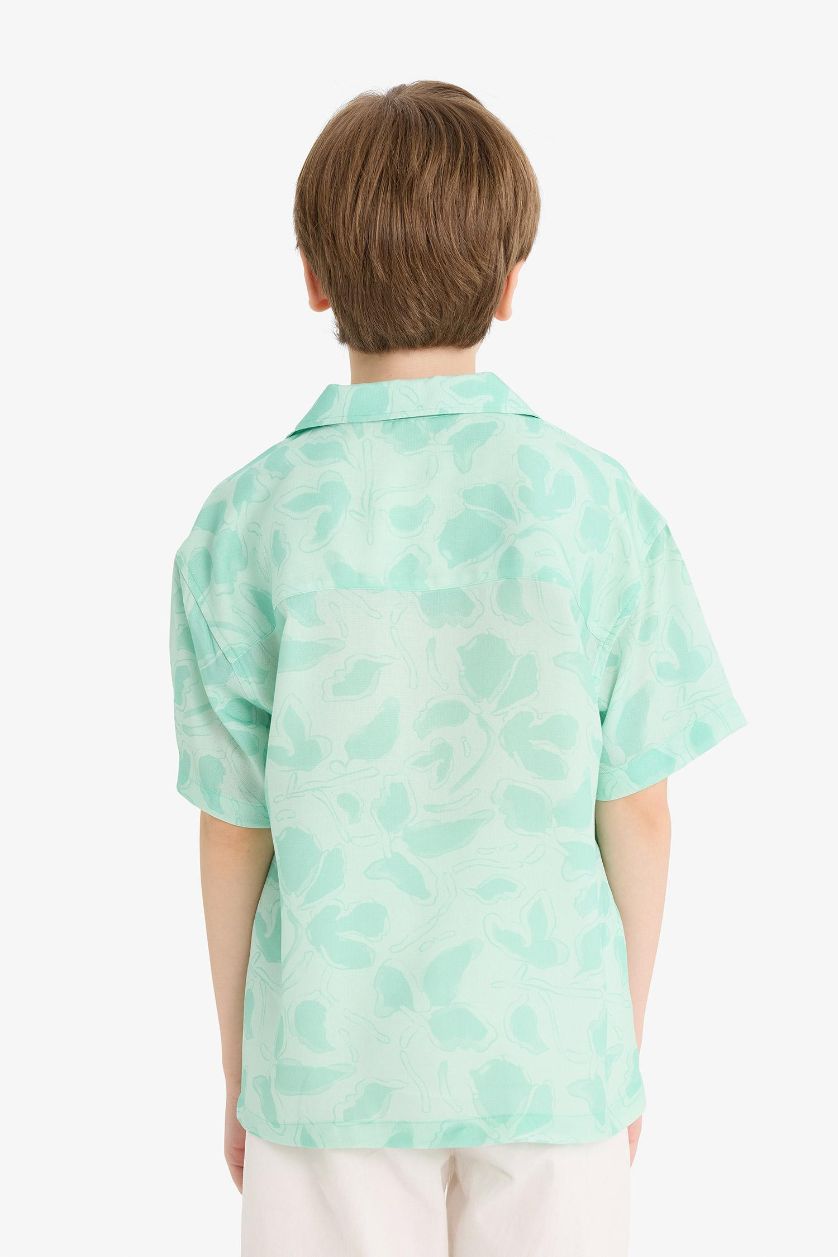 Erkek Çocuk - Genç Erkek Mint Oversize Geniş Kalıp Polo Yaka Desenli Viskon Kısa Kollu Gömlek Erkek Çocuk