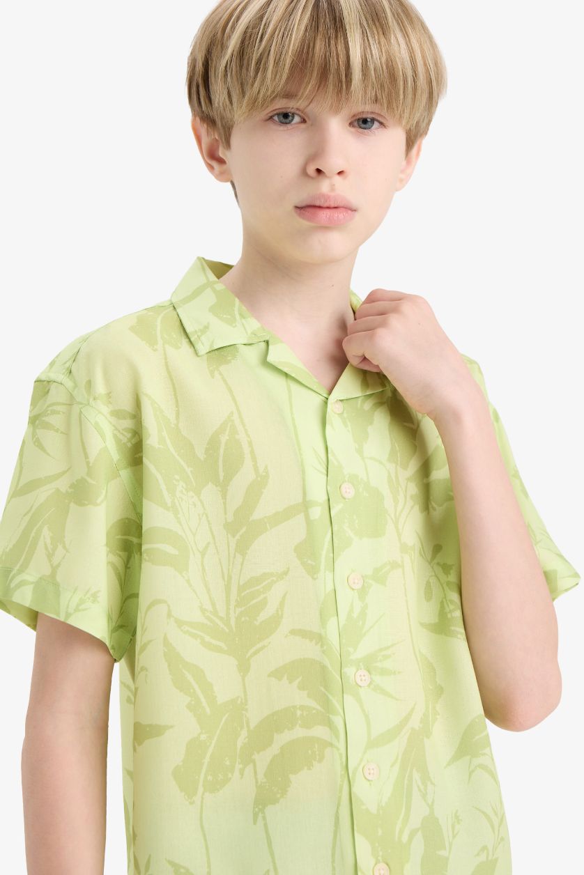 Erkek Çocuk - Genç Erkek Açık Yeşil Oversize Geniş Kalıp Polo Yaka Desenli Viskon Kısa Kollu Gömlek Erkek Çocuk