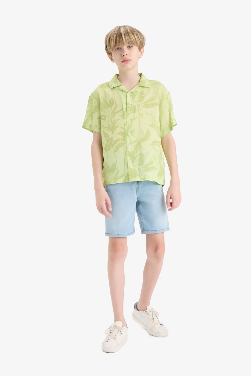 Erkek Çocuk - Genç Erkek Açık Yeşil Oversize Geniş Kalıp Polo Yaka Desenli Viskon Kısa Kollu Gömlek Erkek Çocuk