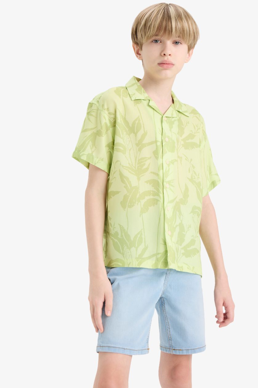 Erkek Çocuk - Genç Erkek Açık Yeşil Oversize Geniş Kalıp Polo Yaka Desenli Viskon Kısa Kollu Gömlek Erkek Çocuk